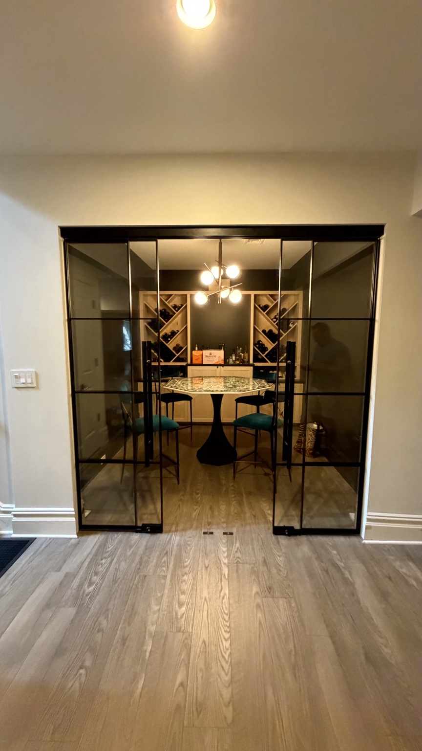 Black framed double glass doors leading to a residential wine room